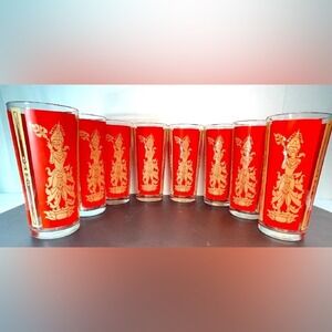Unbranded Thai Goddess Highball Glasses Set of 8 Red Gold‎ Vintage Excellent